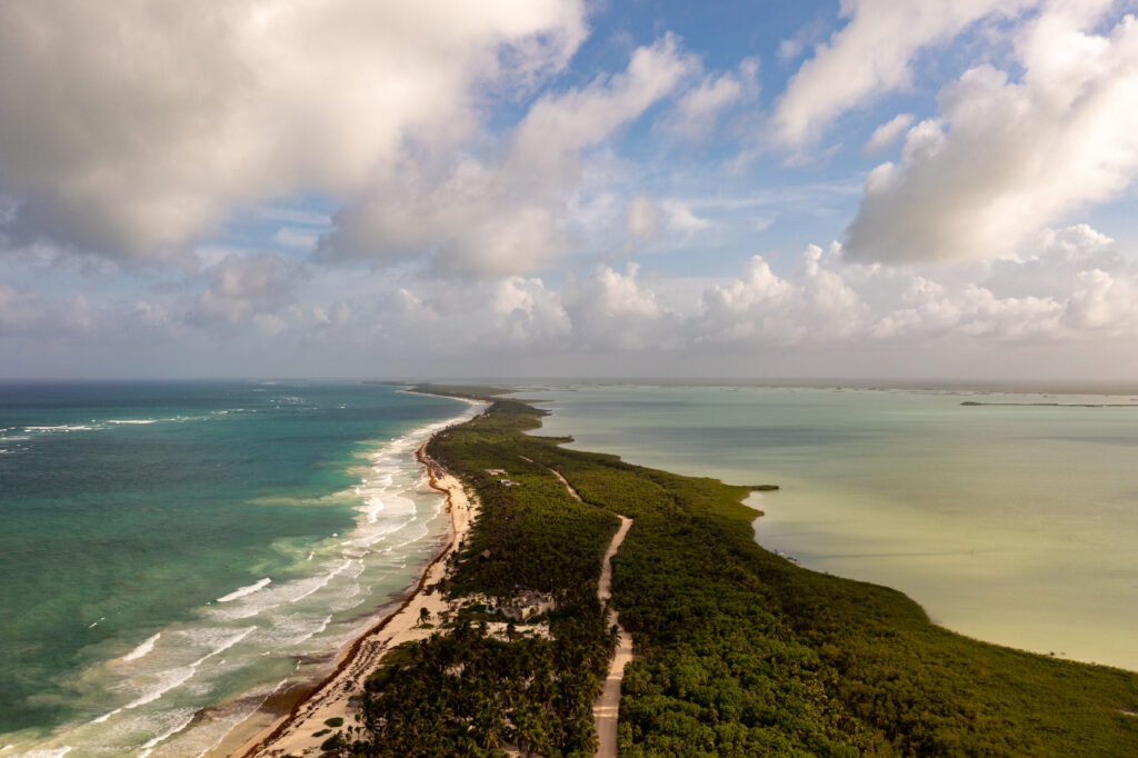 Scenic aerial landscape of the peninsula of Tulum in Quintana Roo, Mexico.