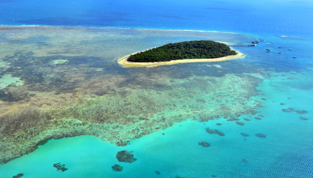 Aerial view of Green Island reef at the Great Barrier Reef near Cairns in Tropical North Queensland, Queensland, Australia.