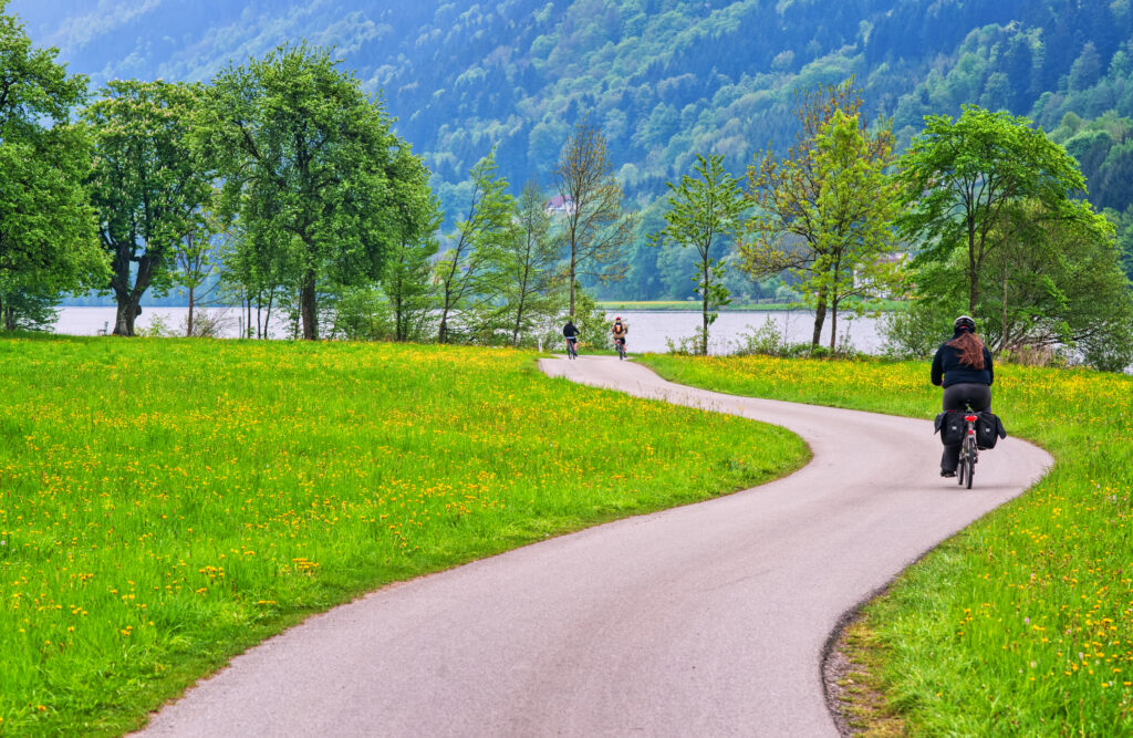 Bike rider cycling a bikeway along the Danube river in Austria, Europe