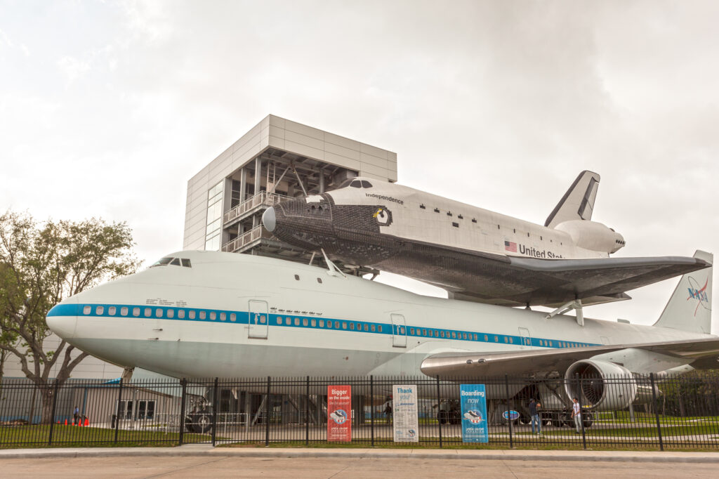 HOUSTON, USA - APR 12: Space Shuttle Independence and Shuttle Carrier Aircraft 905 at the Johnson Space Center in Houston. April 12, 2016 in Houston, Texas, United States