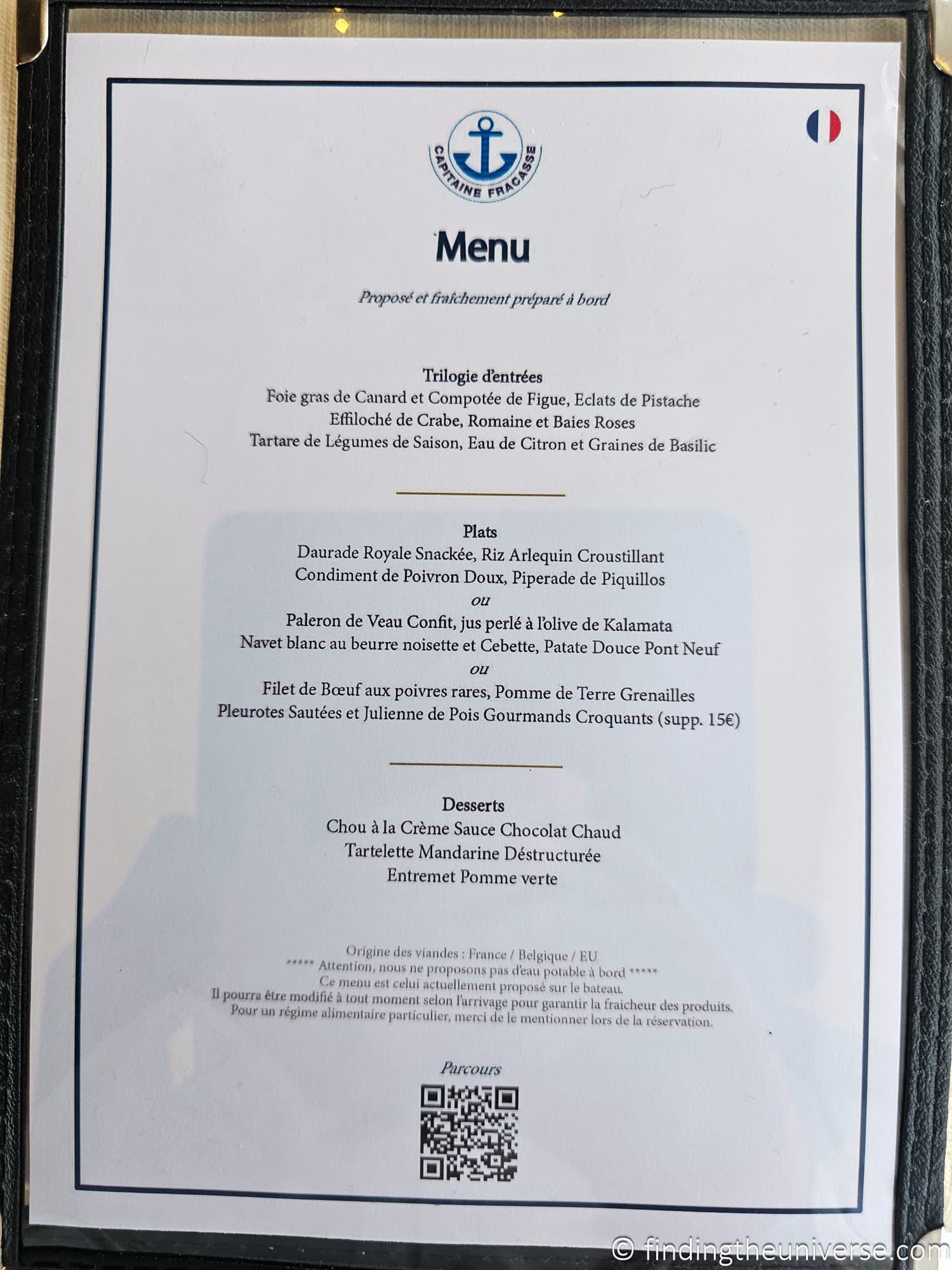 Example Seine River Dinner Cruise Menu