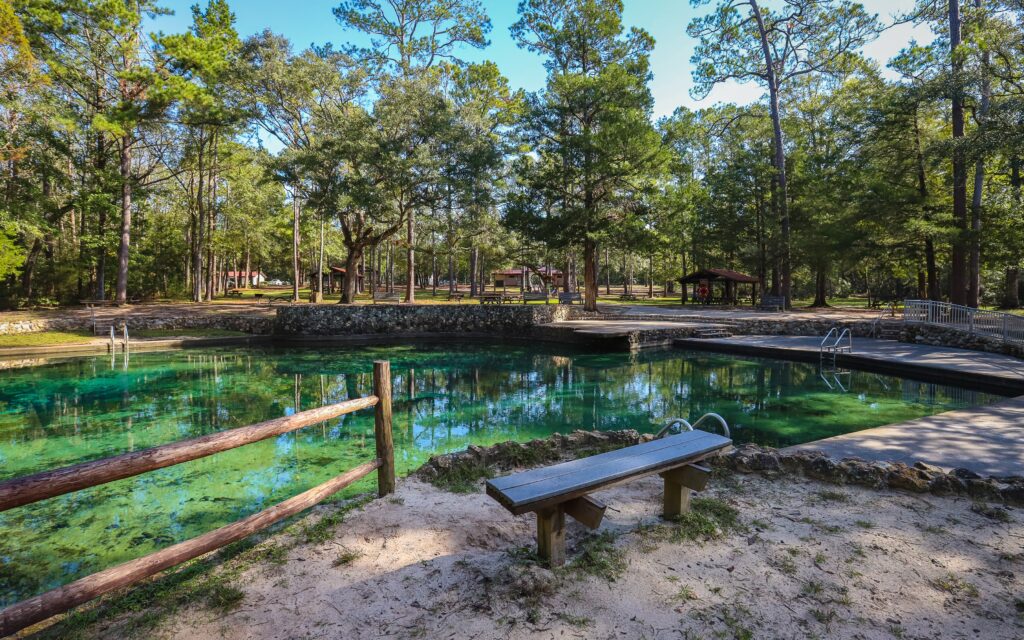 PONCE DE LEON, FLORIDA, UNITED STATES - Oct 12, 2018: Ponce de Leon Springs State Park, Florida - October 2018: Ponce de Leon warm freshwater springs welcome swimmers and visitors inside the state park.