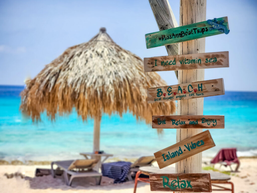 Beach chairs under palapa on Klein Curacao