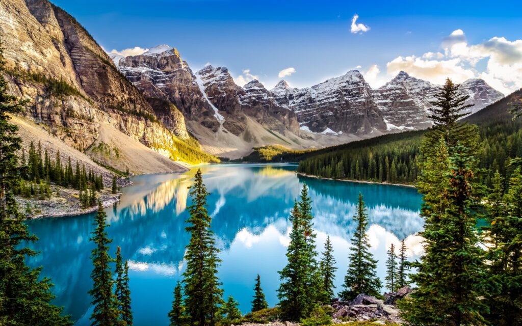 Landscape sunset view of Morain lake and mountain range near Banff via Deposit Photos