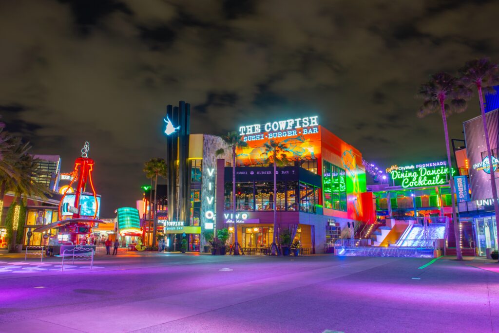 CityWalk at night at Universal Studios Park in Orlando, Florida