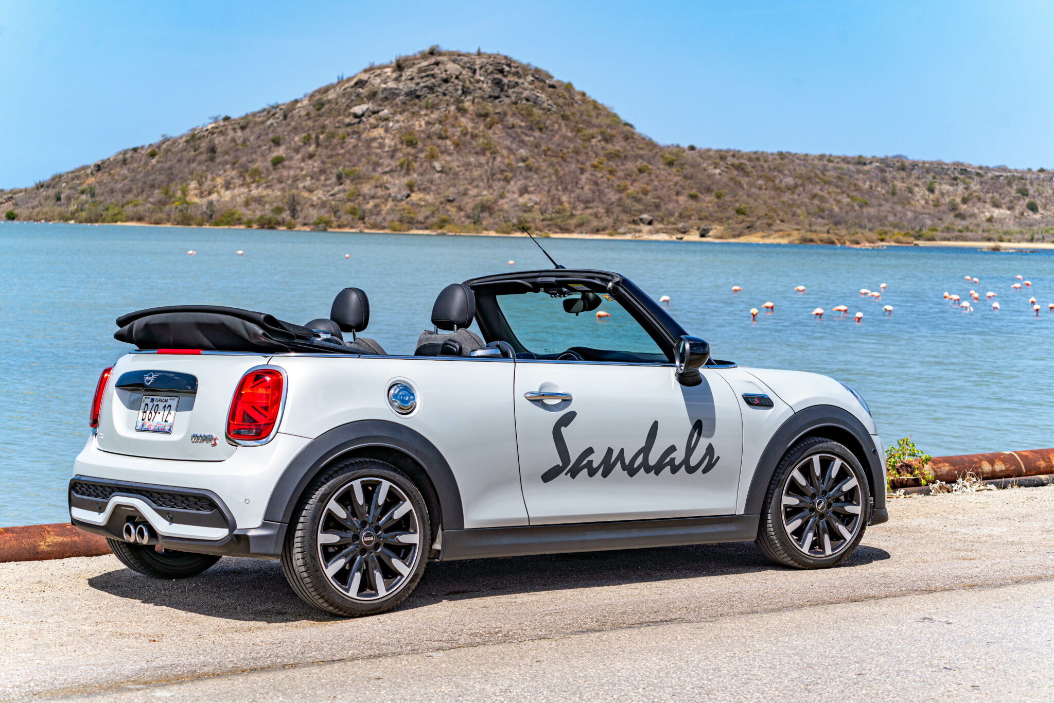 Sandals Mini Cooper at Sint Michielsbaai Flamingo Habitat Curacao