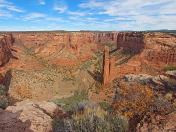 The red sandstone spire of Spider Rock at Canyon de Chelly National Monument in the Navajo Nation near Chinle, Arizona