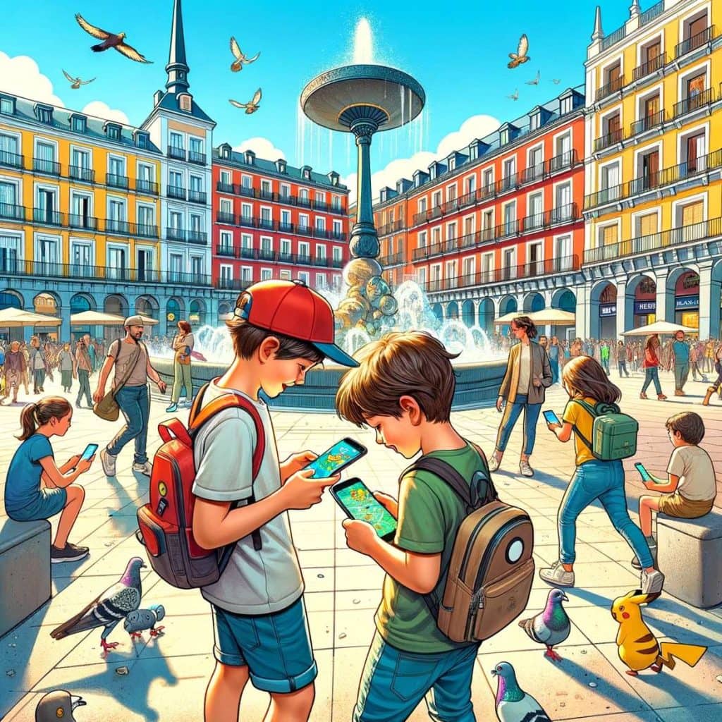 two children playing Pokémon Go in a city square in Madrid, Spain