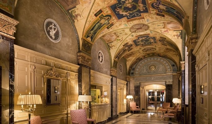 The opulent vaulted and painted ceilings of The Sherry-Netherland, a luxury hotel in NYC