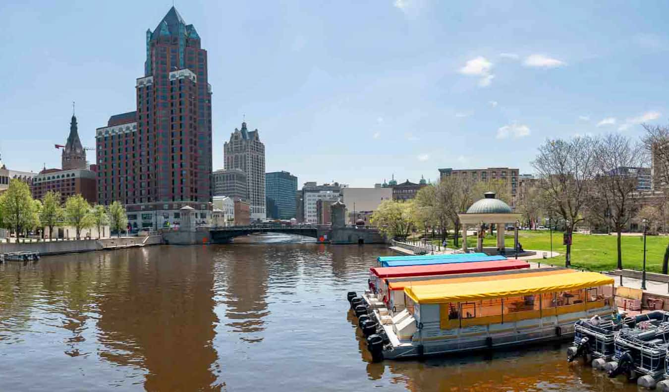 The relaxing Riverwalk along the river in Milwaukee, USA