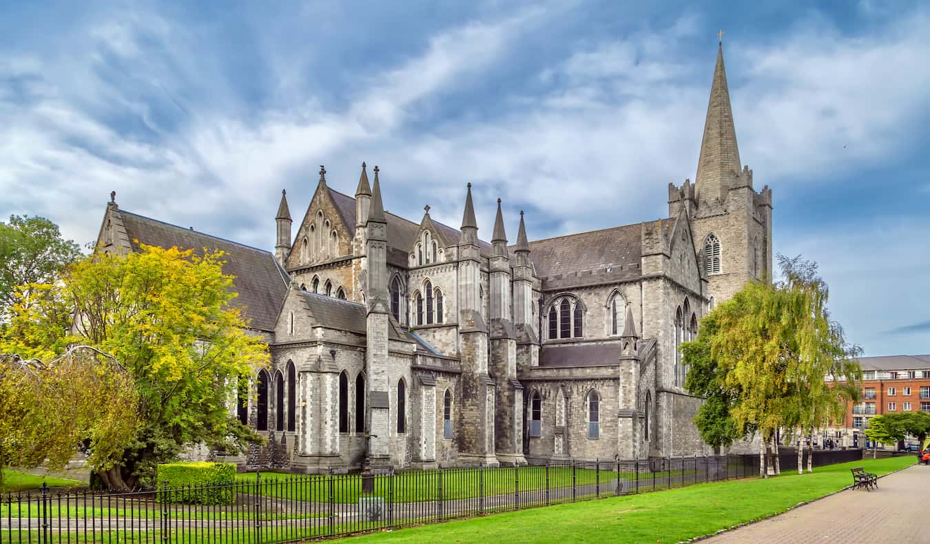 The famous and towering St Patrick's cathedral in sunny Dublin, Ireland